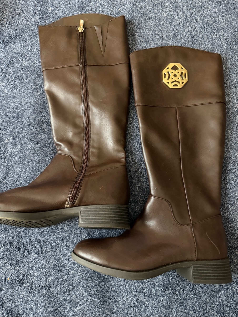 Michael Shannon Brown Knee-High Boots with Gold Emblem